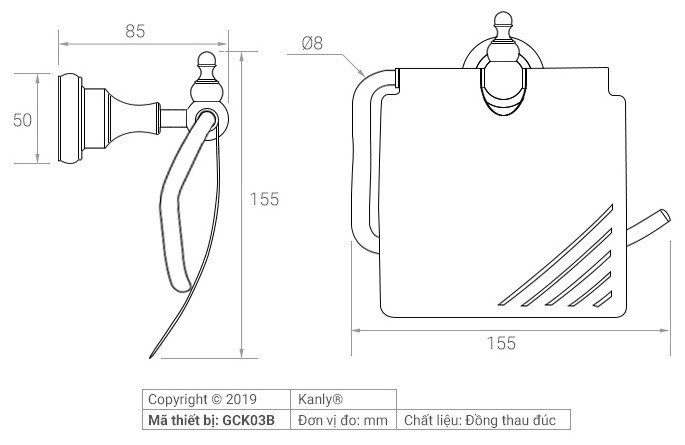 Bản vẽ kích thước móc treo giấy Kanly GCK03B cổ điển