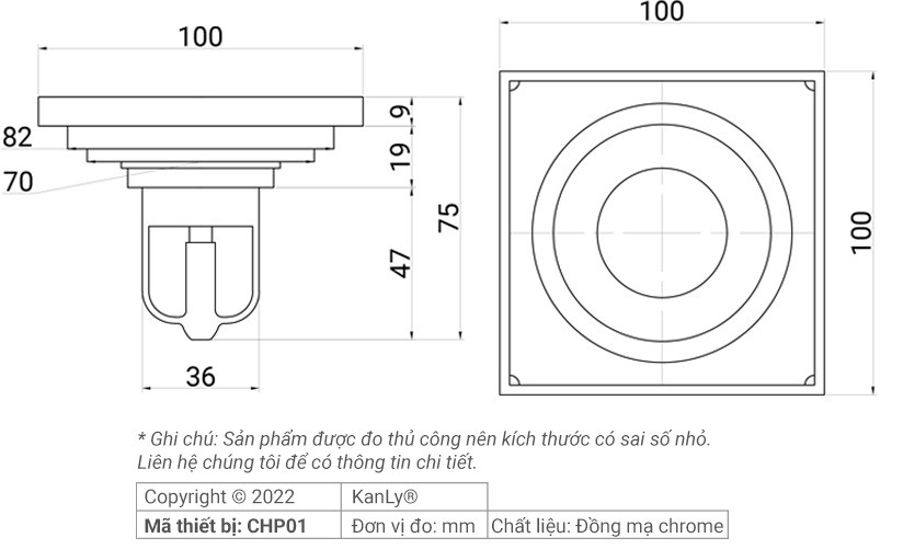 Bản vẽ kỹ thuật phễu thoát sàn Kanly CHP01