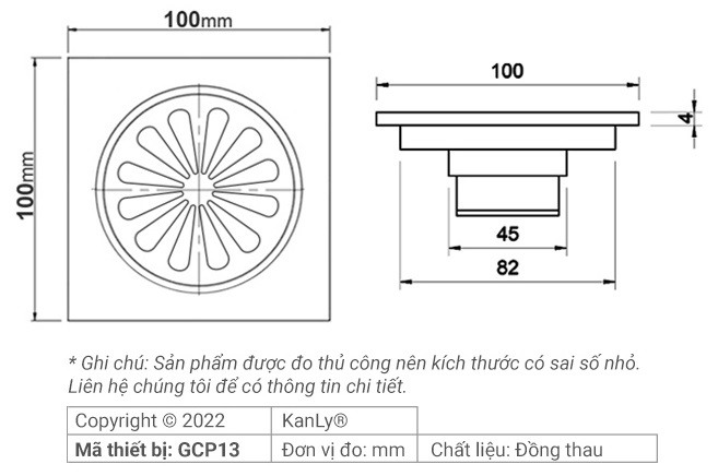 Bản vẽ kỹ thuật phễu thoát sàn Kanly GCP13