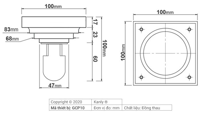 Bản vẽ kỹ thuật phễu thoát sàn Kanly GCP10