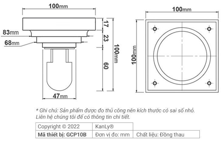 Bản vẽ kỹ thuật phễu thoát sàn Kanly GCP10B
