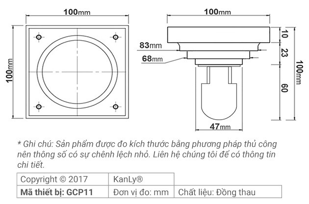 Bản vẽ kỹ thuật phễu thoát sàn Kanly GCP11