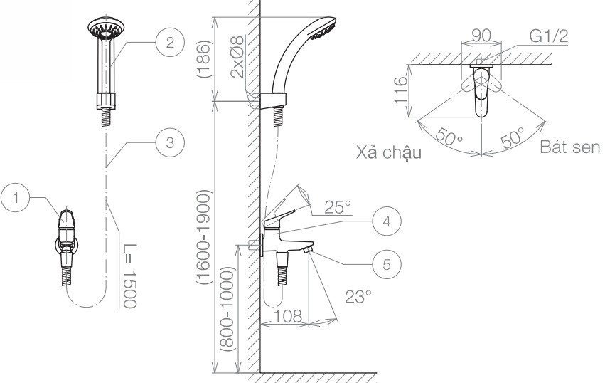 Bản vẽ kỹ thuật vòi sen tắm lạnh VG503