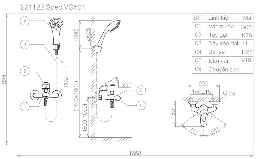 Bản vẽ kỹ thuật vòi sen tắm nóng lạnh VG 504