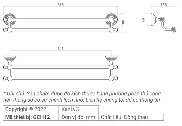 Bản vẽ kỹ thuật thanh vắt khăn đôi Kanly GCH12