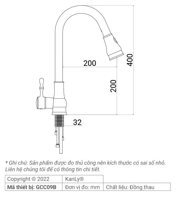 Bản vẽ kích thước vòi rửa chén Kanly GCC09B màu đen