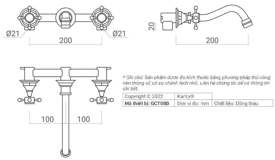 Bản vẽ kích thước vòi lavabo Kanly gắn tường GCT08B
