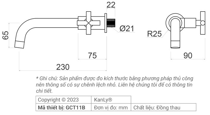 Bản vẽ vòi lavabo Kanly GCT11B gắn tường màu đen