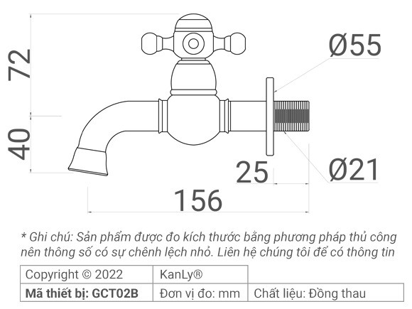 Bản vẽ kích thước vòi lạnh gắn tường Kanly GCT02B