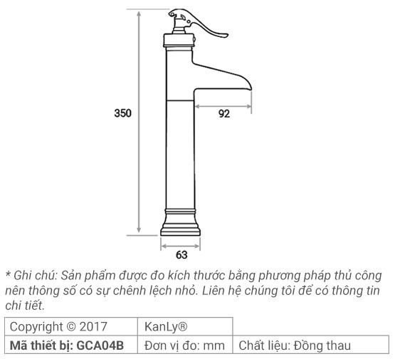 Bản vẽ kích thước vòi lavabo Kanly GCA04B màu đen