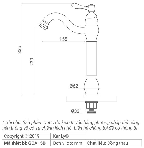 Bản vẽ kích thước vòi lavabo Kanly GCA15B màu đen