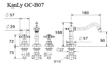 Bản vẽ kích thước vòi lavabo 3 lỗ Kanly GCB07