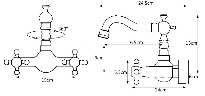 Bản vẽ kích thước vòi lavabo Kanly GCT06 gắn tường