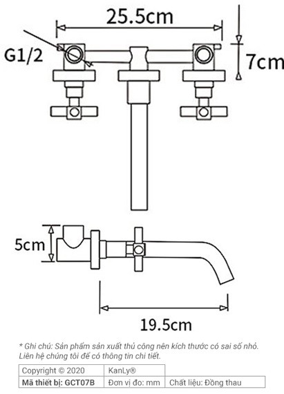 Bản vẽ kích thước vòi lavabo Kanly GCT07B gắn tường