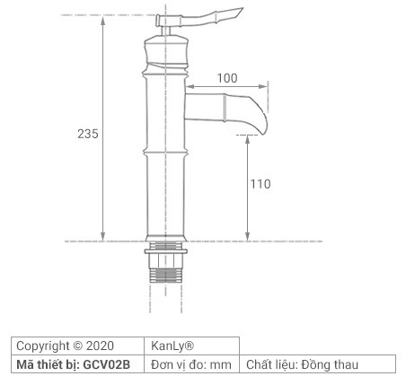 Bản vẽ kích thước vòi lavabo Kanly GCV07B màu đen
