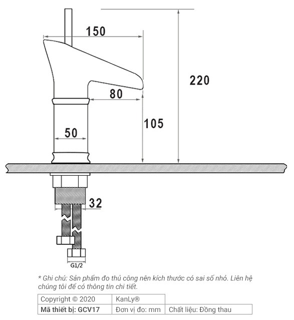 Bản vẽ kích thước vòi lavabo Kanly GCV17