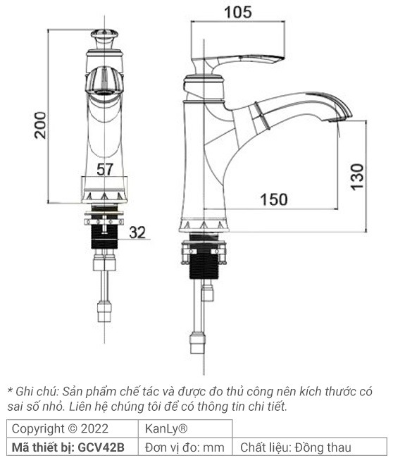 Bản vẽ kỹ thuật vòi lavabo có dây kéo GCV42B đồng thau