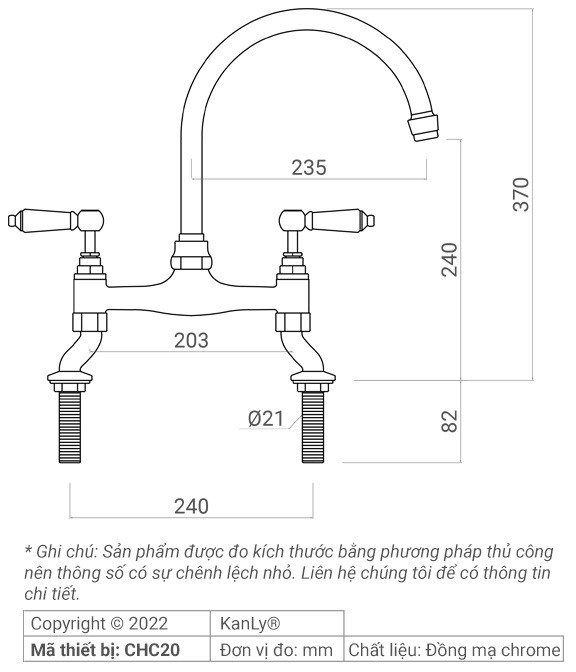 Bản vẽ kích thước vòi bếp nóng lạnh Kanly CHC20