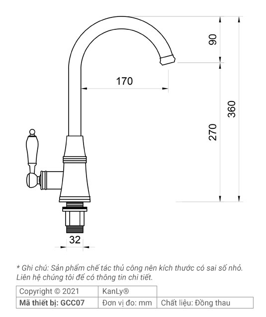 Bản vẽ kích thước vòi rửa chén nóng lạnh Kanly GCC07