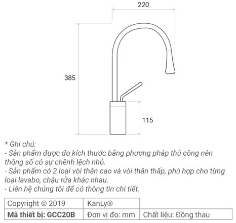 Bản vẽ kích thước vòi rửa chén Kanly GCC20B