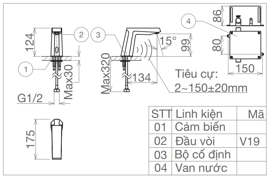 Bản vẽ kỹ thuật vòi lavabo cảm ứng VG 1028