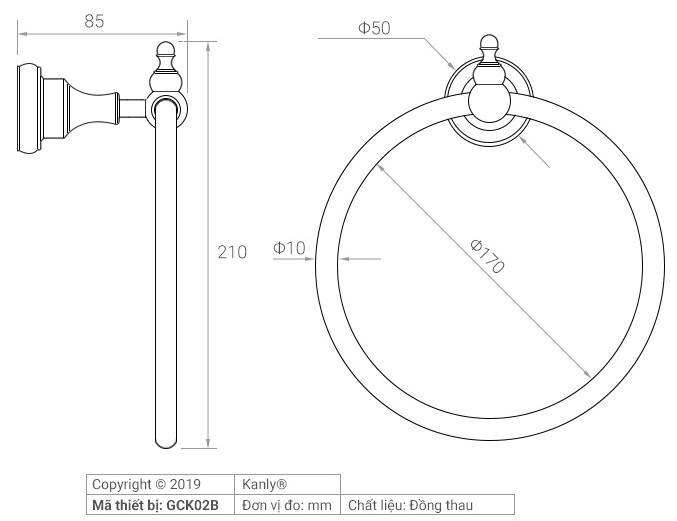 Bản vẽ kỹ thuật vòng treo khăn Kanly GCK02B