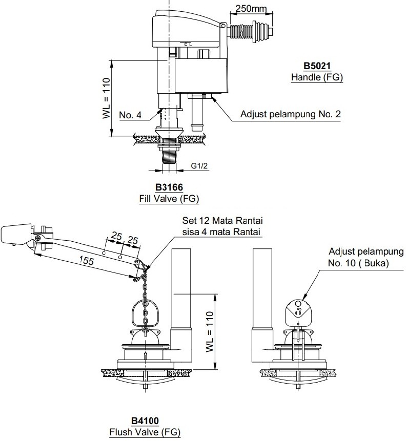 Bản vẽ bộ xả bồn cầu TOTO TX436C1-3WS