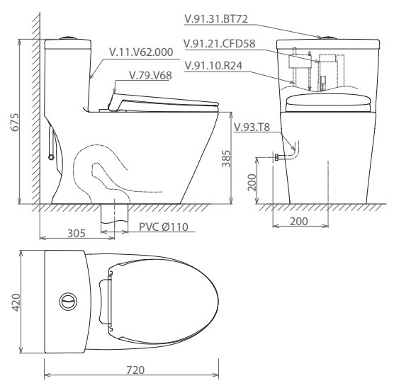 Bản vẽ kích thước bệ xí bệt Viglacera V62 1 khối
