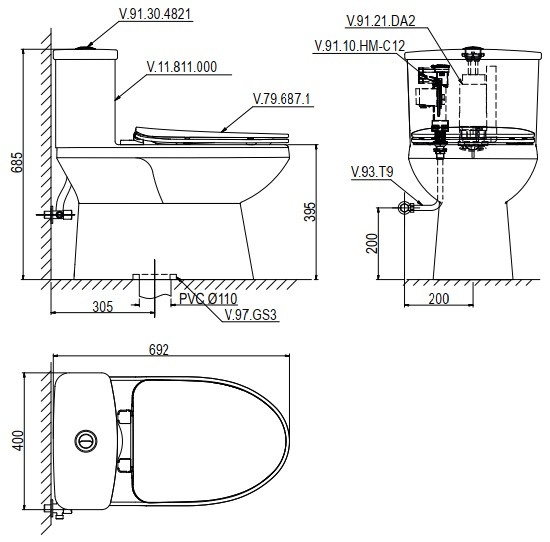 Bản vẽ bệ xí bệt V811 Viglacera 1 khối