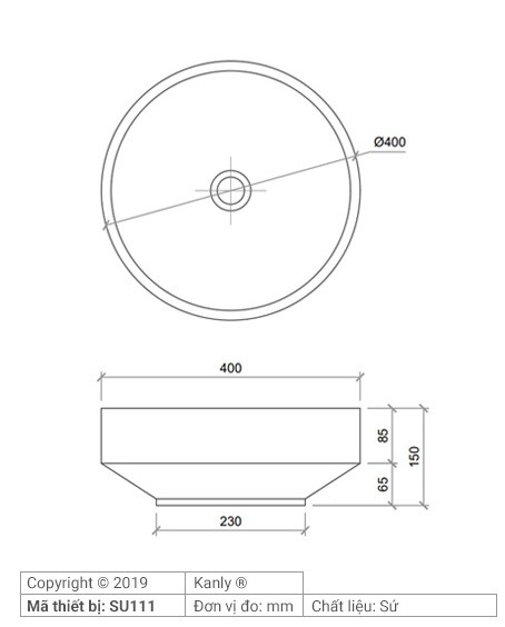 Bản vẽ kích thước chậu rửa mặt Kanly SU111 sứ in mỹ thuật