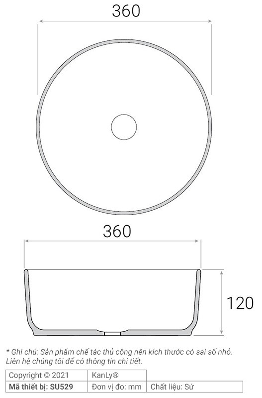 Bản vẽ kích thước chậu lavabo SU 529 tròn màu xanh