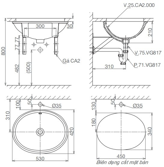 Bản vẽ kích thước chậu lavabo Viglacera CA2