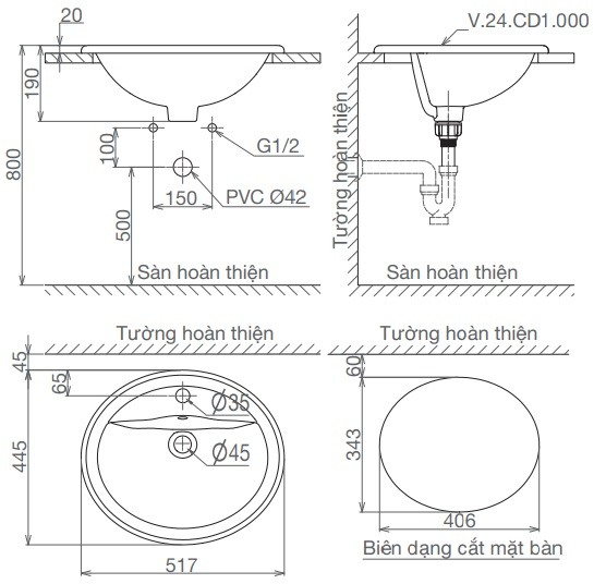 Bản vẽ kỹ thuật chậu rửa mặt CD1 Viglacera