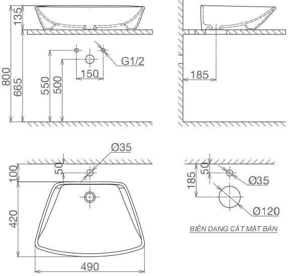 Bản vẽ lavabo Viglacera V28 đặt bàn