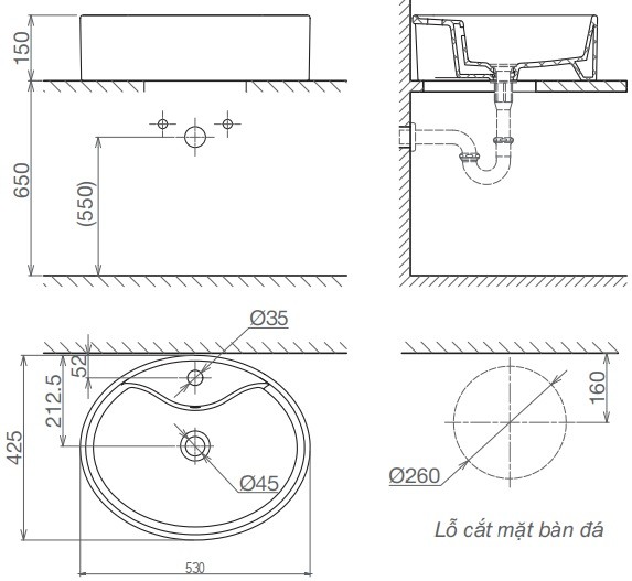 Bản vẽ kỹ thuật chậu rửa mặt CD 19 Viglacera