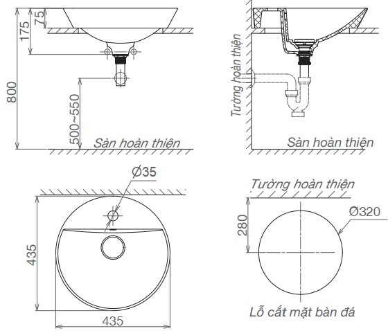 Bản vẽ lavabo Viglacera V26 đặt bàn