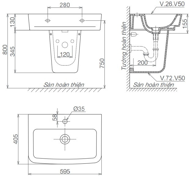 Bản vẽkích thước chậu rửa mặt V50 Viglacera