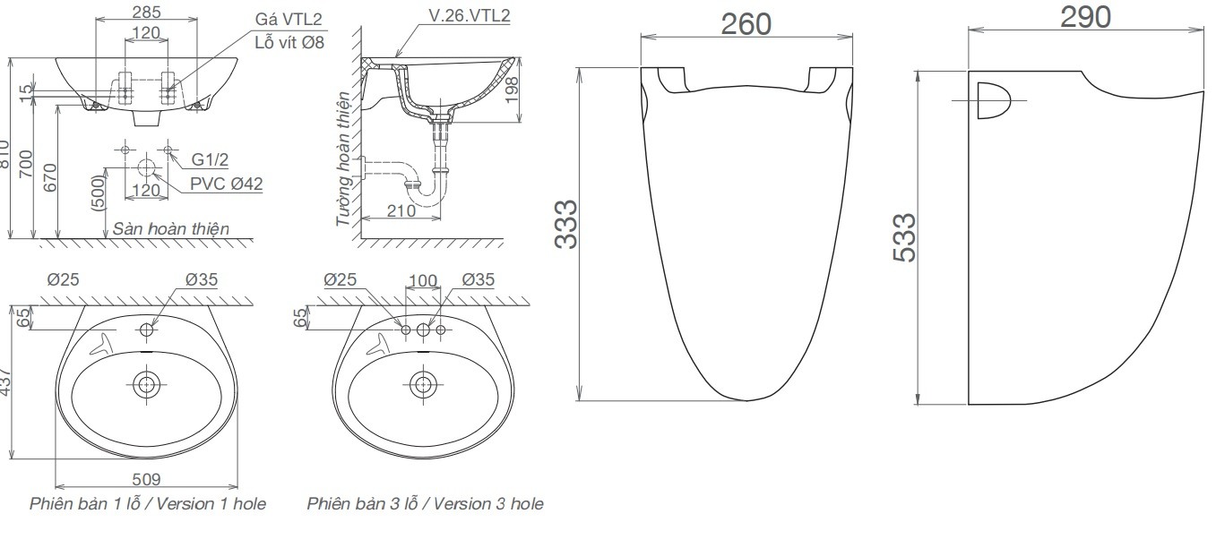 Bản vẽ chậu rửa lavabo Viglacera VTL2/BS503