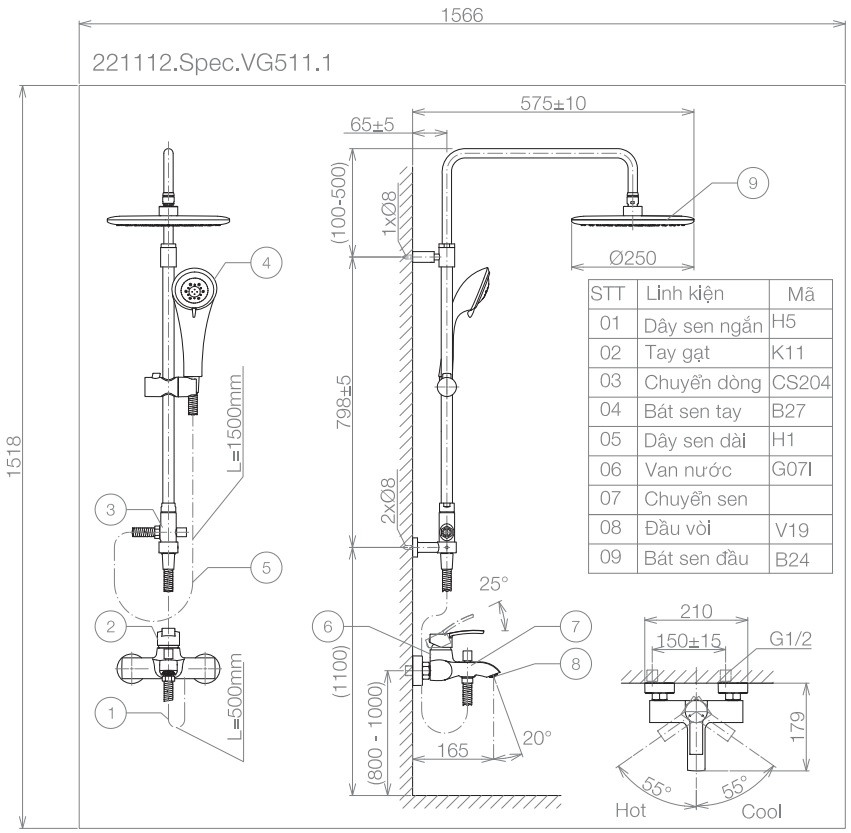 Bản vẽ kỹ thuật sen cây tắm hoa sen VG511.1