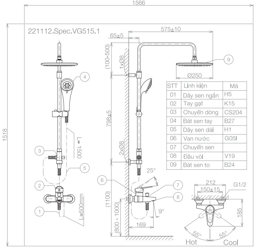 Bản vẽ kỹ thuật vòi sen cây Viglacera VG 515.1