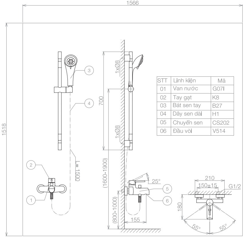 Bản vẽ kỹ thuật sen tắm cây VG541.1