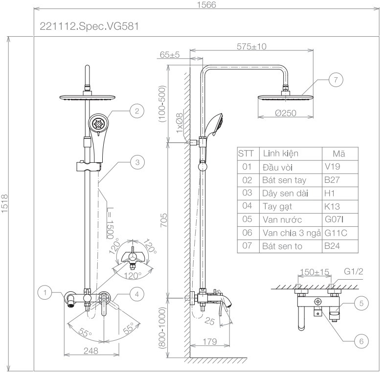 Bản vẽ kỹ thuật sen tắm cây VG581 nóng lạnh