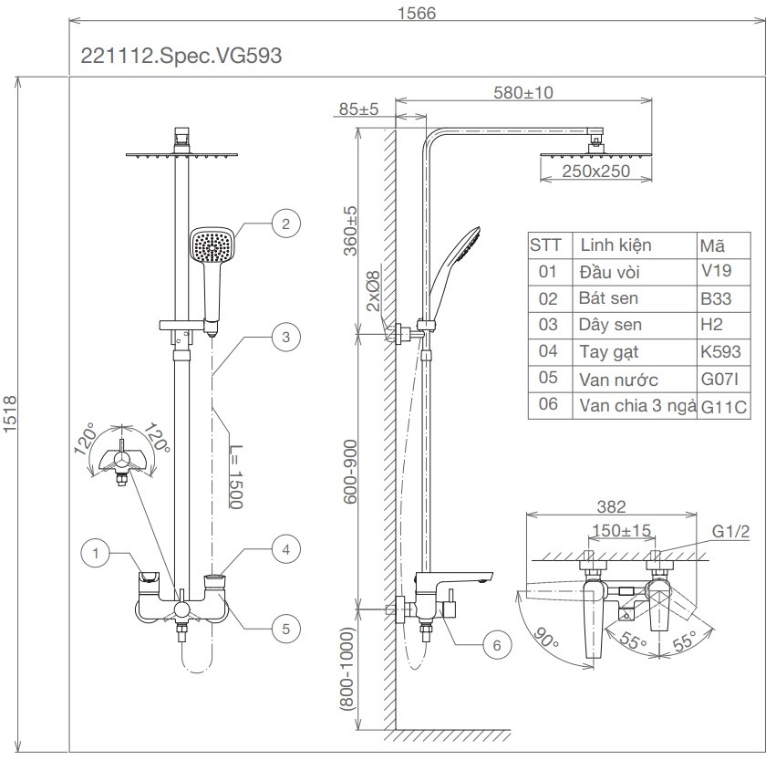 Bản vẽ kỹ thuật sen tắm cây Viglacera VG 593