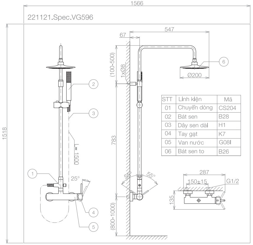 Bản vẽ kỹ thuật sen cây VG596 nóng lạnh