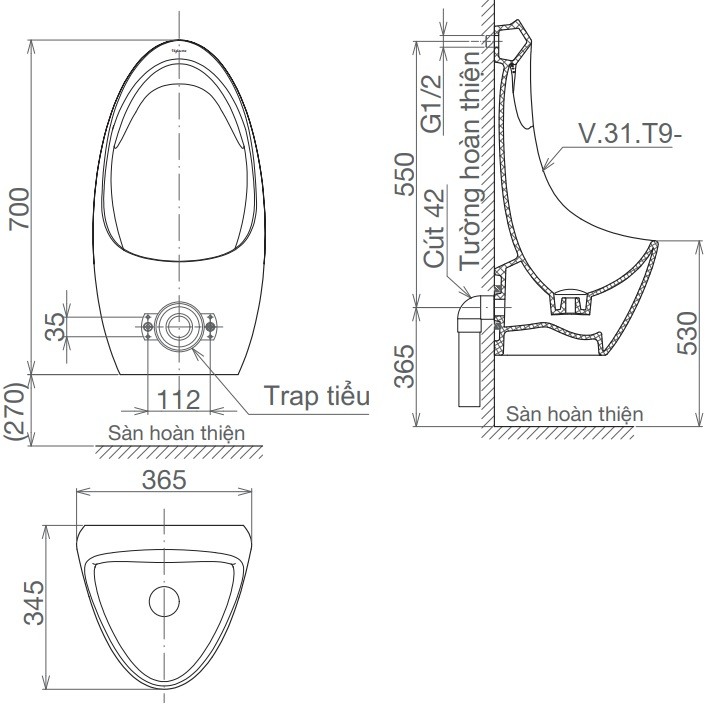 Bản vẽ kích thước bồn tiểu nam T 9 Viglacera 