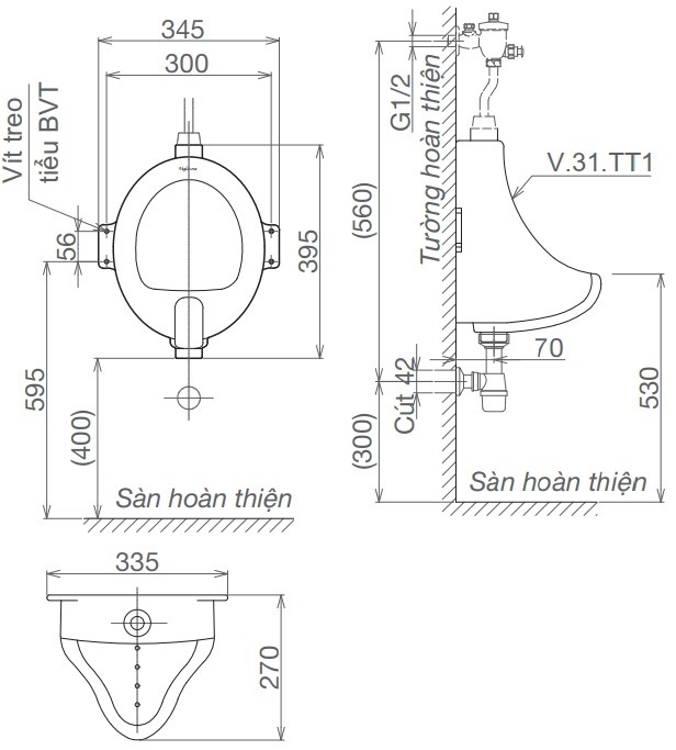 Bản vẽ kích thước bồn tiểu TT1 nhỏ