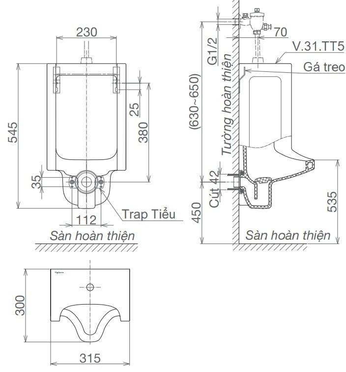 Bản vẽ kỹ thuật bồn tiểu Viglacera TT 5