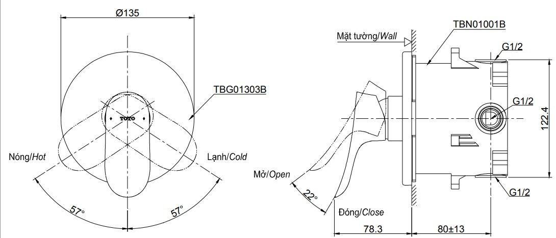 Bản vẽ van điều chỉnh nóng lạnh TOTO TBG01303BA TBN01001B