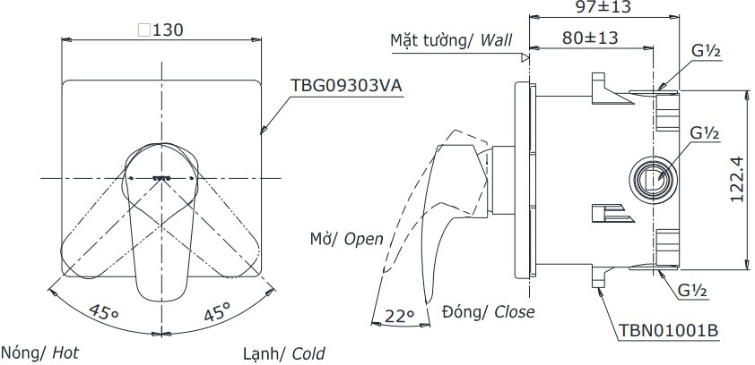 Bản vẽ van điều chỉnh nóng lạnh TOTO TBG09303V TBN01001B