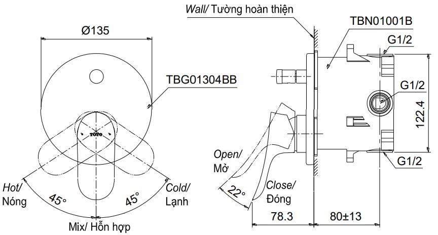 Bản vẽ van điều chỉnh nóng lạnh TOTO TBG01304BA TBN01001B